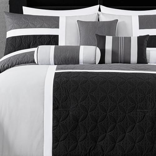 Upland 7-Piece Quilted Patchwork Comforter Set Queen Black/Gray/Light Gray