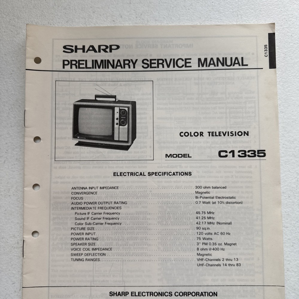 Sharp Electronics Color TV Model C1335 Preliminary Service Information