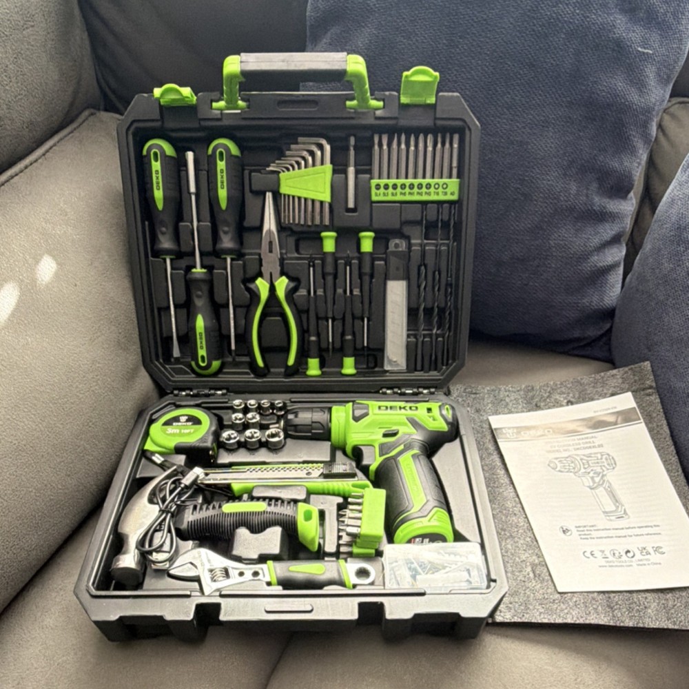 DEKO Cordless Drill/Driver Set with Battery, Tools & Accessories, Black/Green
