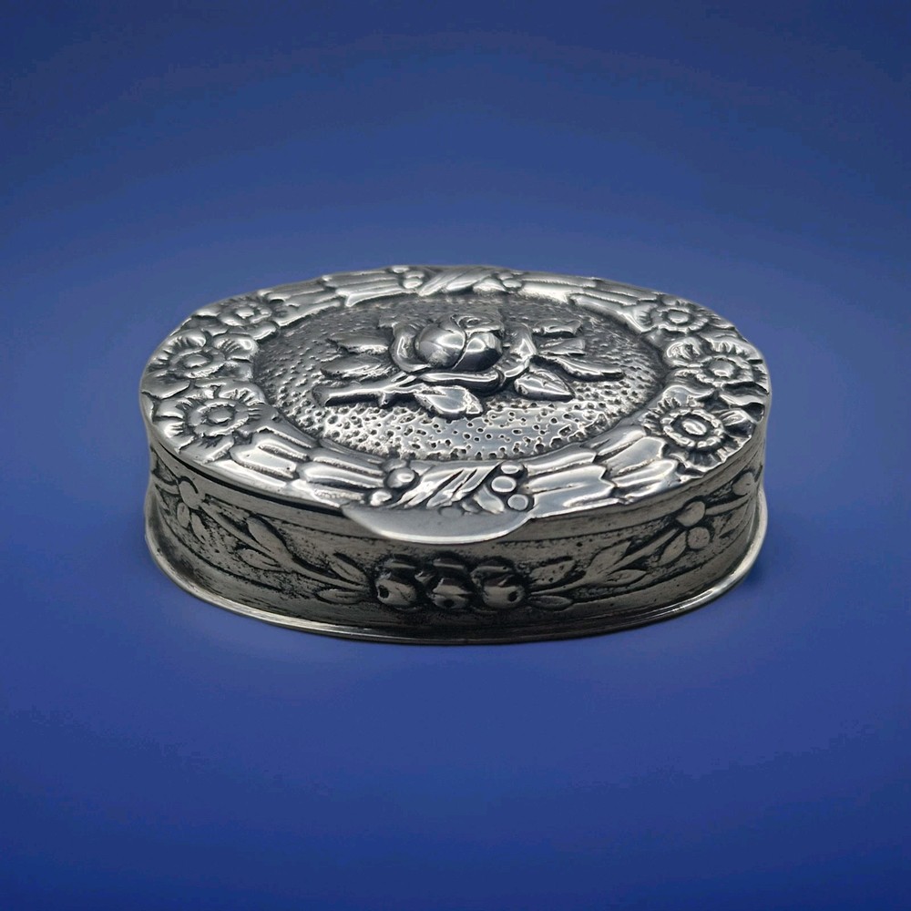 Antique Continental 800 Silver Pill Box Snuff Box Floral Rose