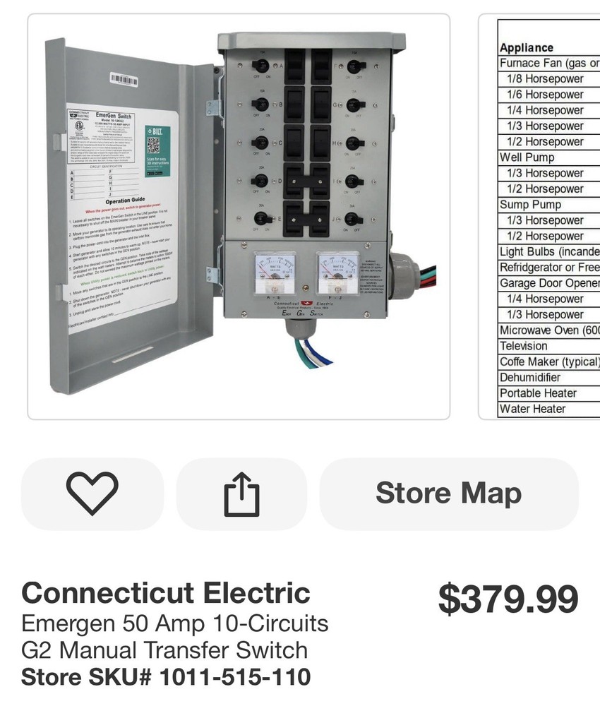 Emergen 50 Amp 10-Circuits G2 Manual Transfer Switch