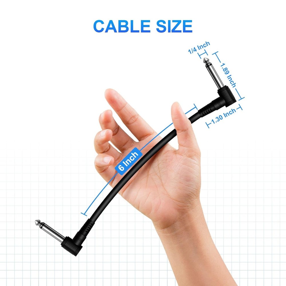 6 Pack 6 Guitar Patch Cables - Noise-Free Right Angle Pedal Board Cables