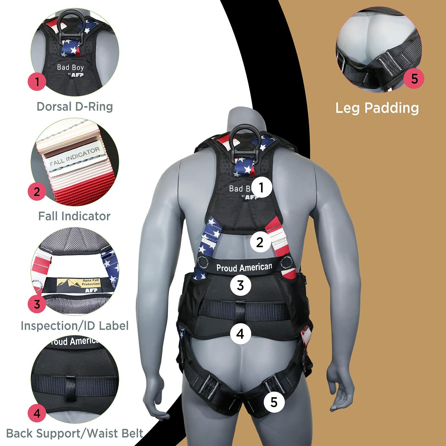 AFP Fall Protection Full-Body Safety Harness Premium American Flag Bad Boy New