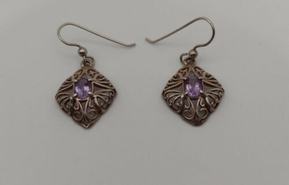 Purple Amethyst Scroll Design 925 Sterling Silver Dangle Drop Earrings