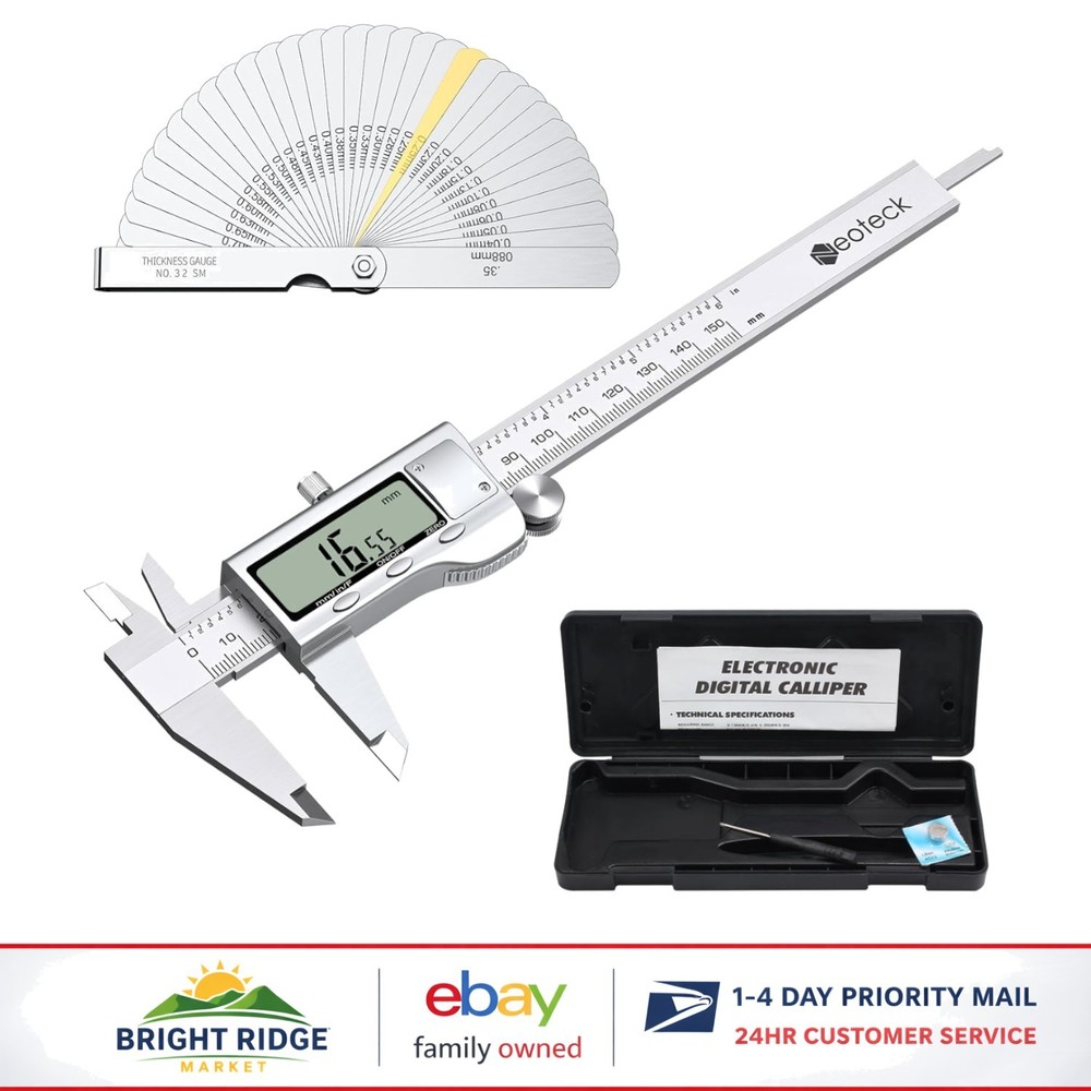 Digital Caliper and Feeler Gauge Set for Depth, Step, and Diameter Measurements