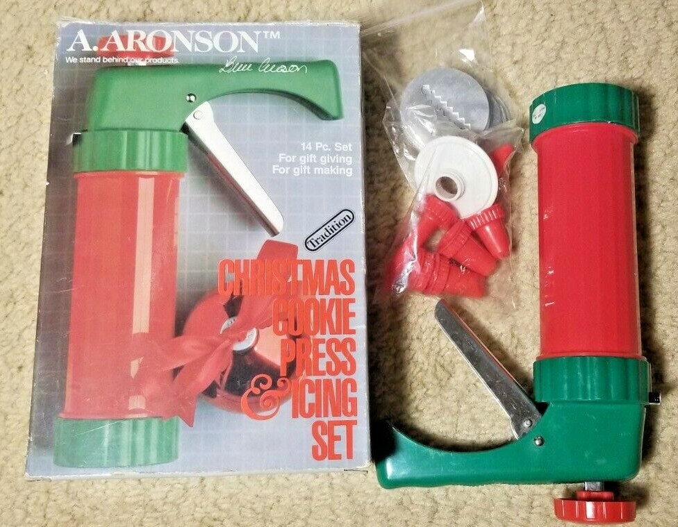 A Aronson Cookie Press & Icing Set - W/17 Disks & 6 Decorating Tips Lightly Used