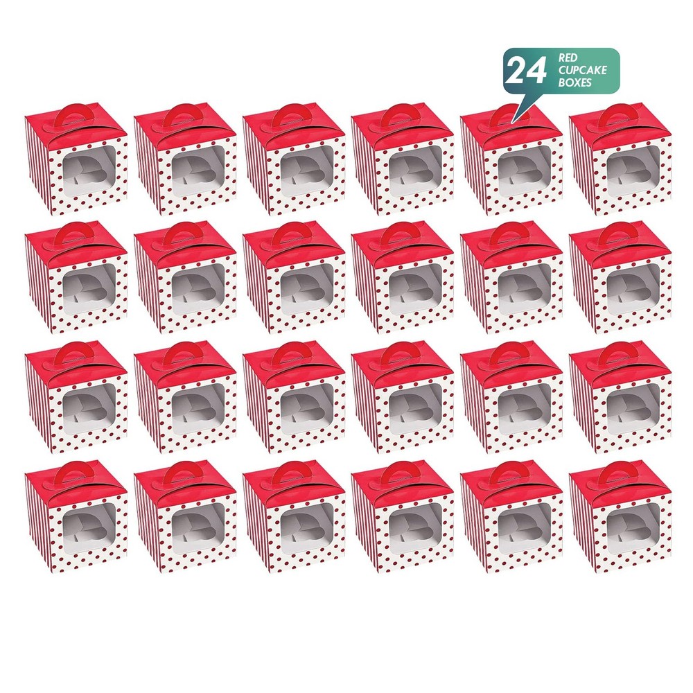24 PCS Red Polka Dot Christmas Holiday Single Cupcake Boxes Handles Inserts