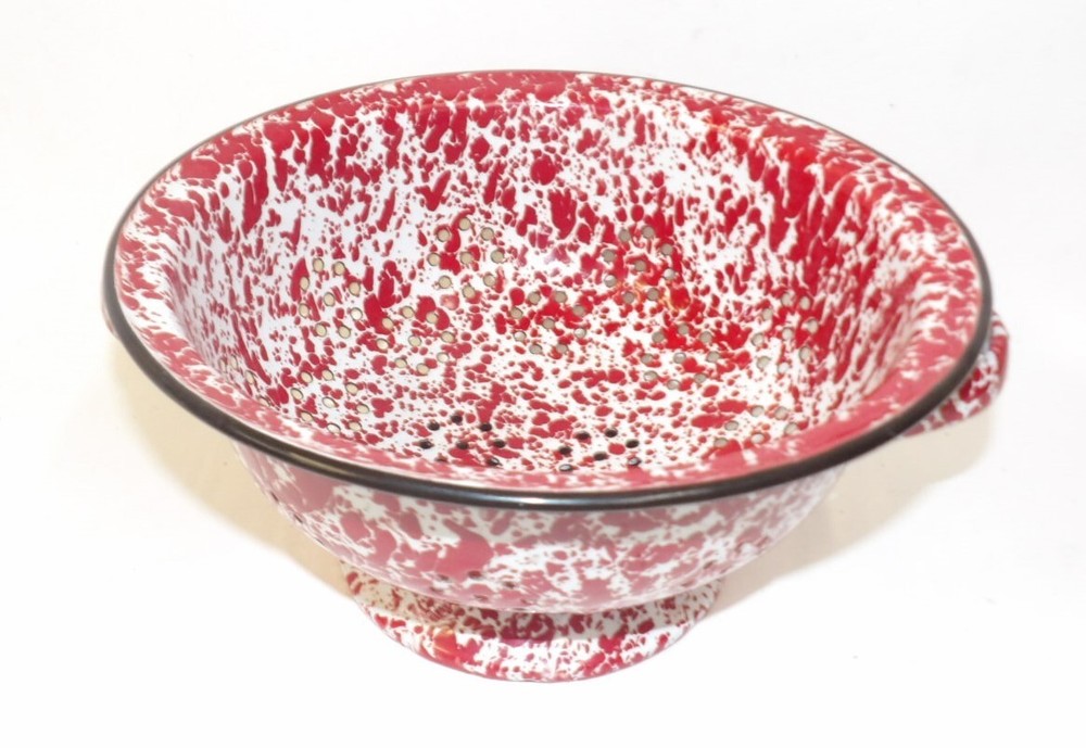 Red White Spatter Graniteware Colander Handled Strainer - Vintage Kitchen Tool