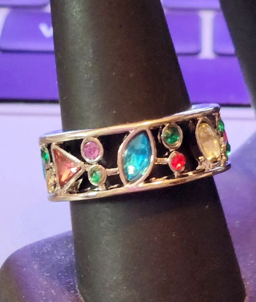 MULTI-COLORED MULTI-STONE SILVER OPEN WORK RING CIGAR BAND SILVER TONE