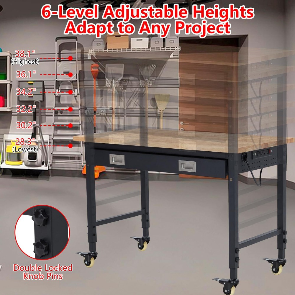48" Adjustable Workbench Workstation 2000LB Load Capacity Rubber Wood Top Drawer