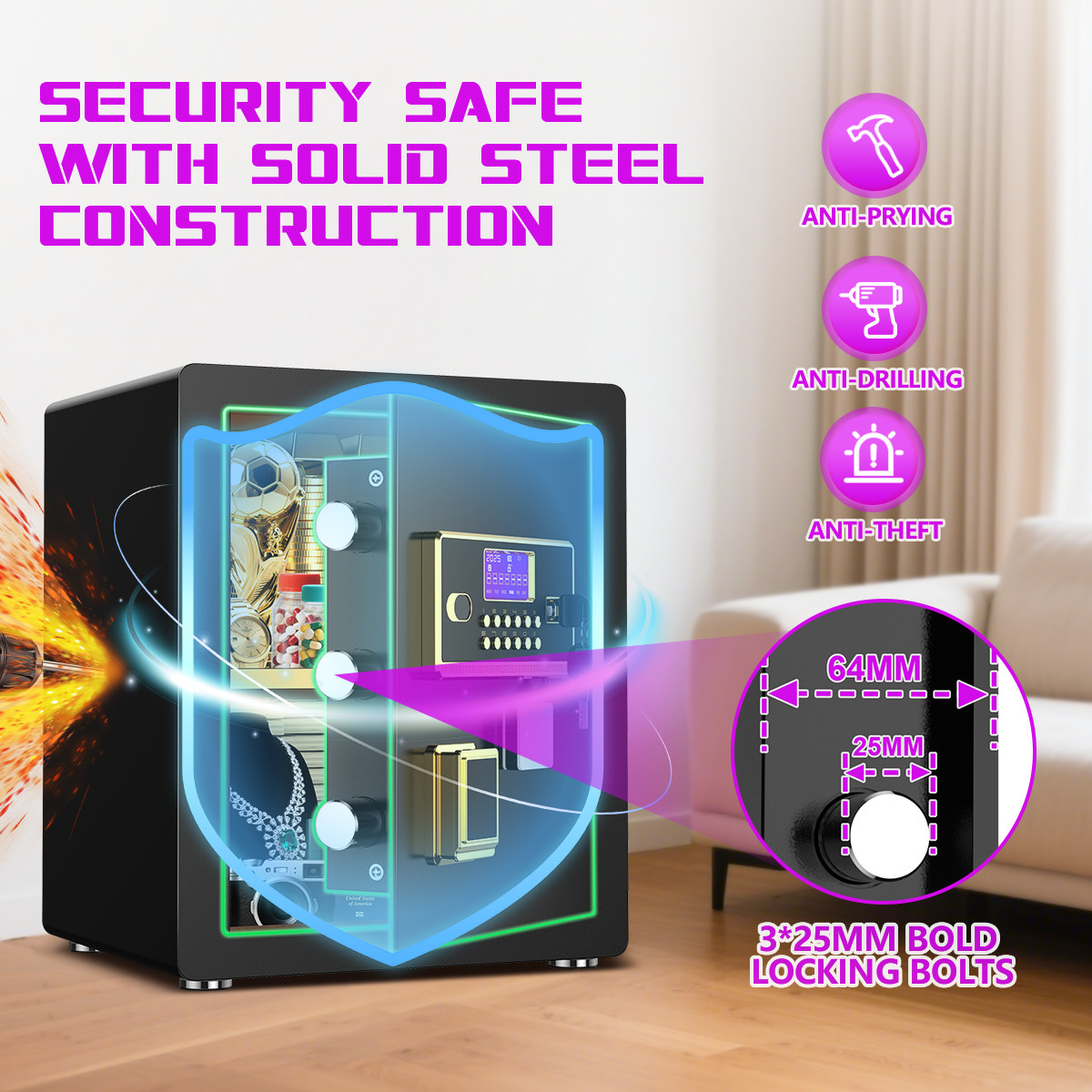3.0 Cuft Safe Box with Digital Panel Home Security Money Jewelry Hotel Office