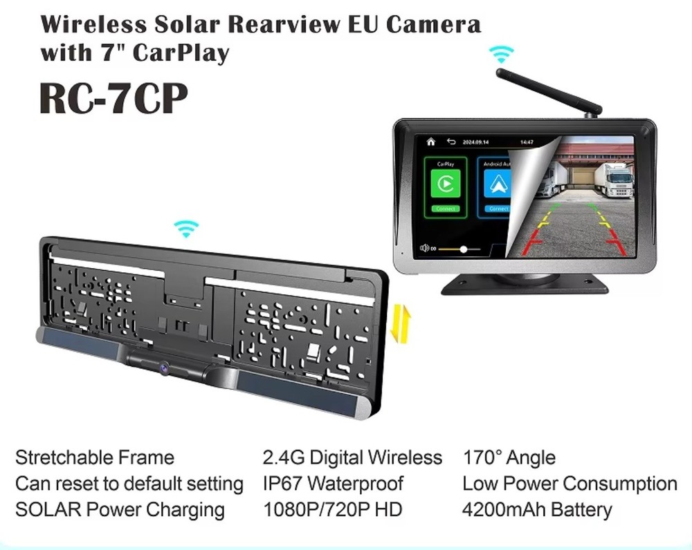 DIY Wireless 720P HD EU Plate Backup Camera with 7"CarPlay Android Auto Display​