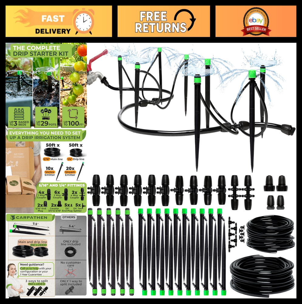Complete Drip Irrigation System for Garden & Raised Beds - Easy Setup, Adjustabl