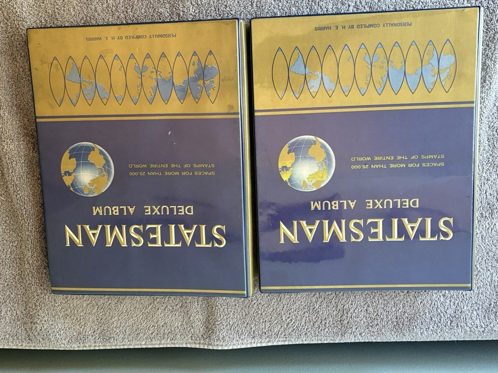 TWO (2) 1966 Ed. STATESMAN DELUXE STAMP ALBUMS W/SOME STAMPS~BOTH IN GREAT COND.