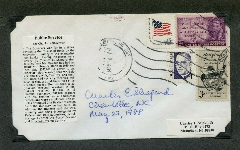 Autographed Envelope Charles E. Shepard reporter for The Charlotte Observer,