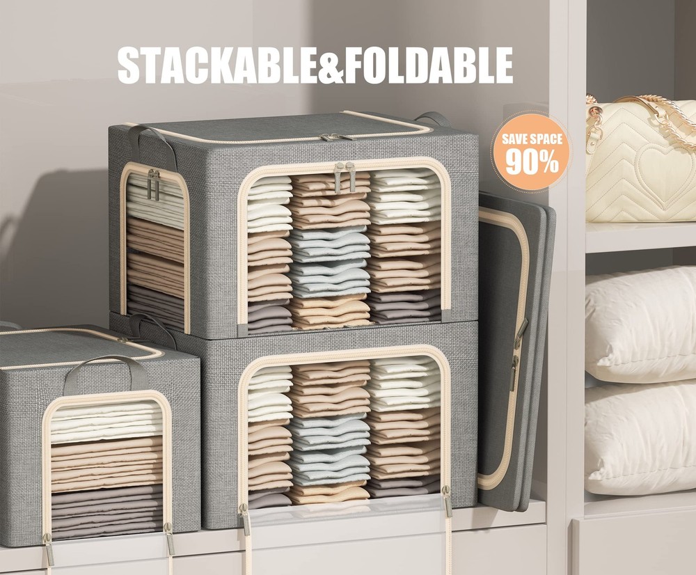 3 Openings Clothes Storage Bins with Metal Frame, Foldable Storage Bin for Cl...