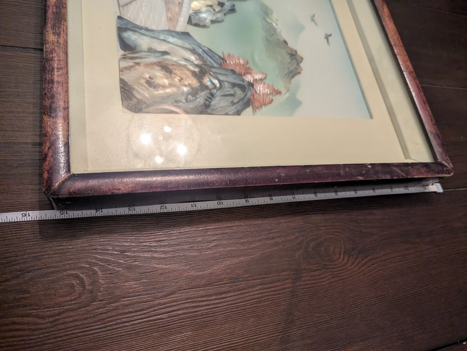 Vintage Chinese Mother Of Pearl Shell Porcelain Landscape 3D Painting Wood Frame