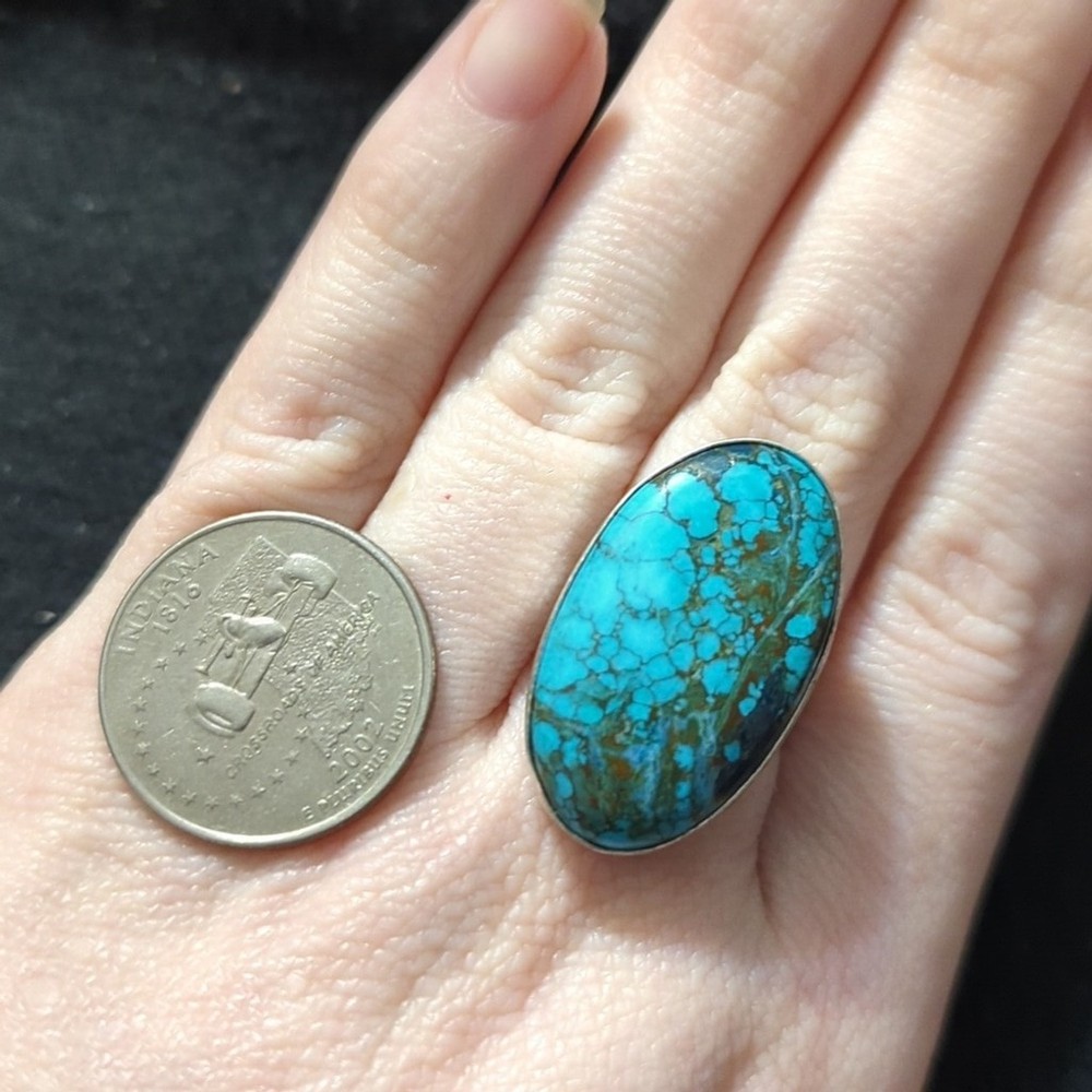 Silver Plated Blue Chocolate Turquoise Gemstone Oval Statement Ring - Size 8-10