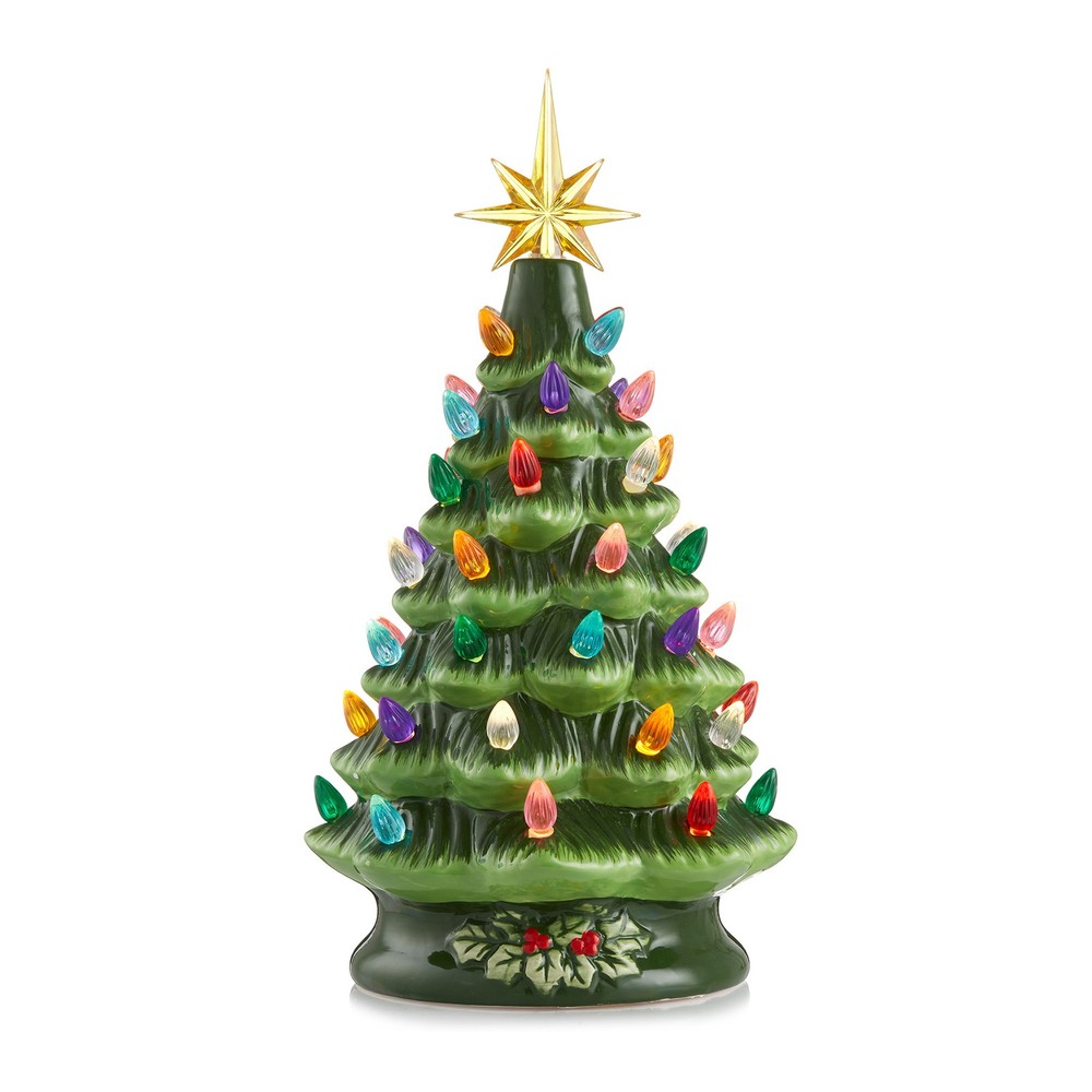 12" Pre-Lit Green Ceramic Tree Hand-Painted Tabletop with Lights