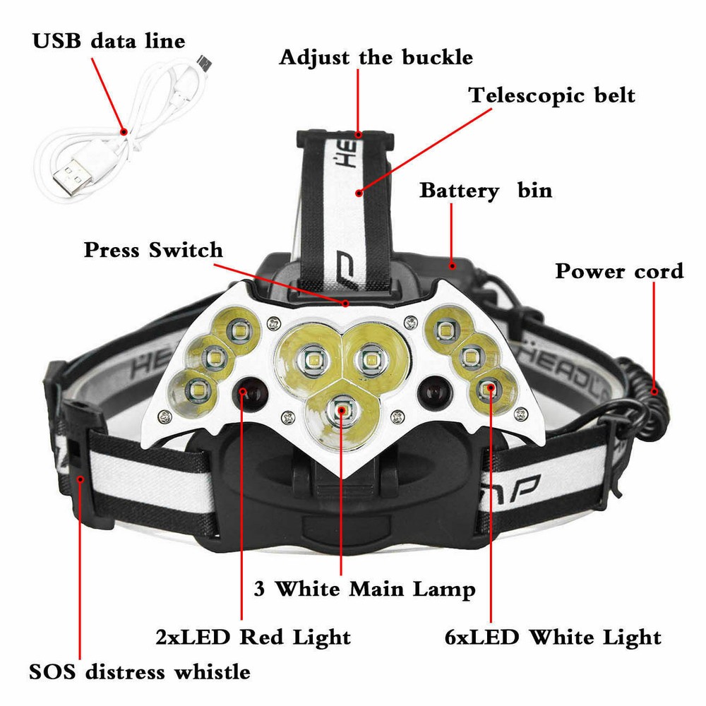 11X Rechargeable LED Headlamp Headlight 18650 Flashlight Head Torch