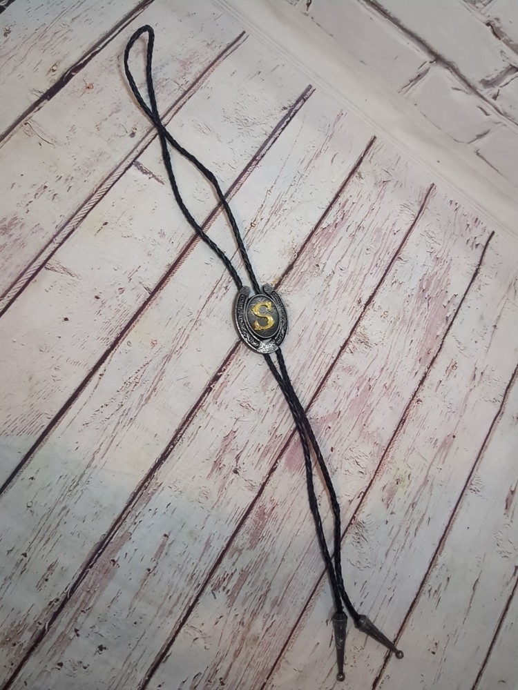Silver Tone Horseshoe Bolo Tie Initial "S"