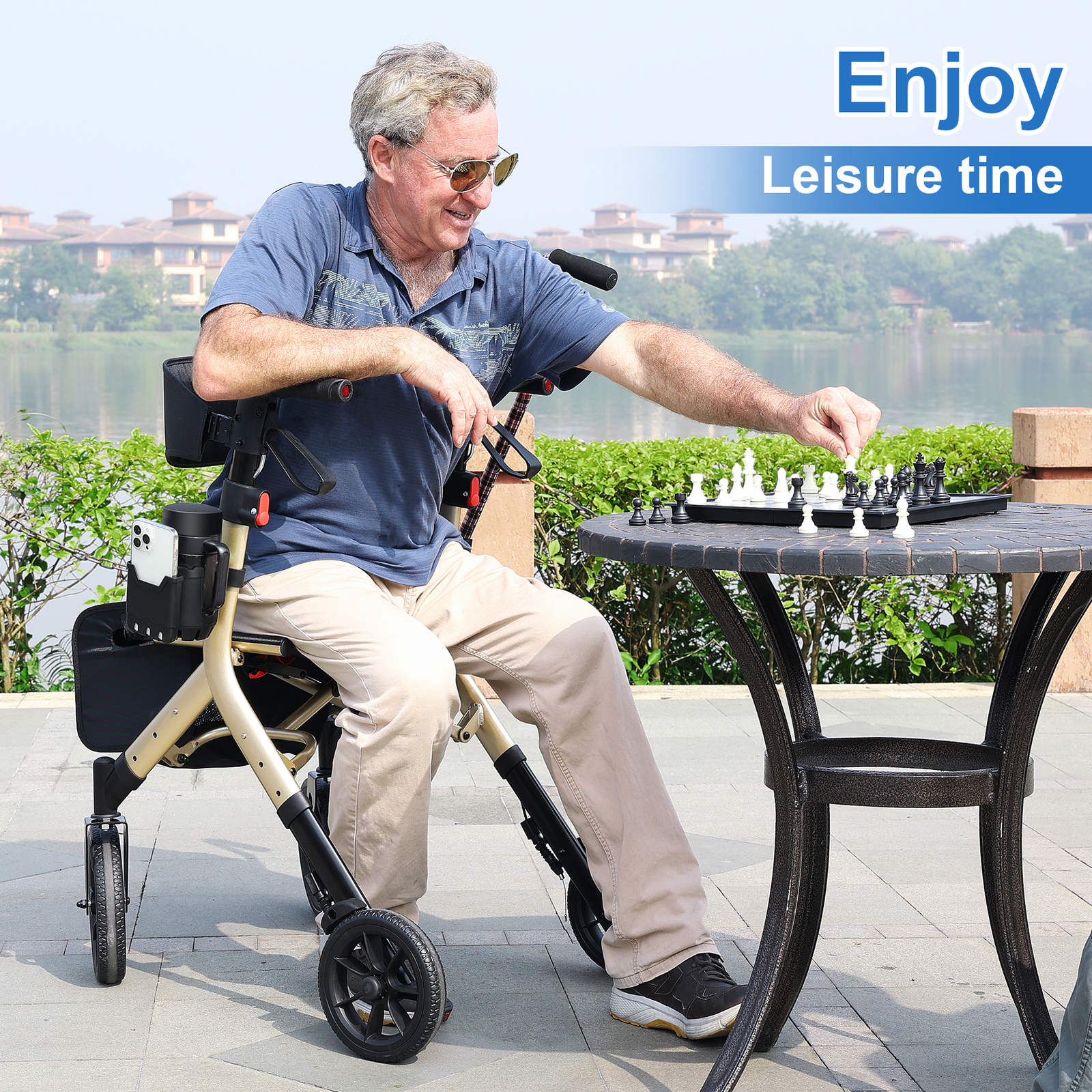 Walk Mate Rollator Walker Heavy Duty Folding 300lb Rolling Wide Seat w/ 4 Wheels