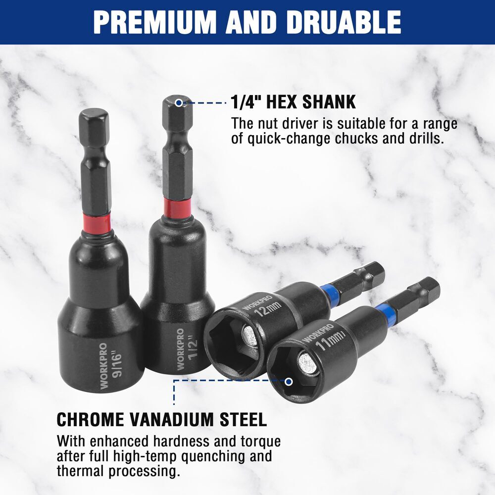 WORKPRO 39PC Magnetic Nut Driver Set Impact Drill Driver Bit 1/4" Hex SAE&Metric