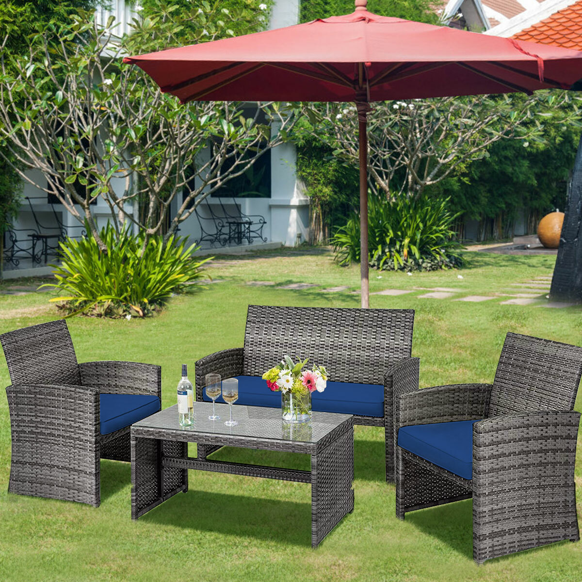 4PCS Patio Rattan Furniture Set Conversation Glass Table Top Sofa Cushioned Navy