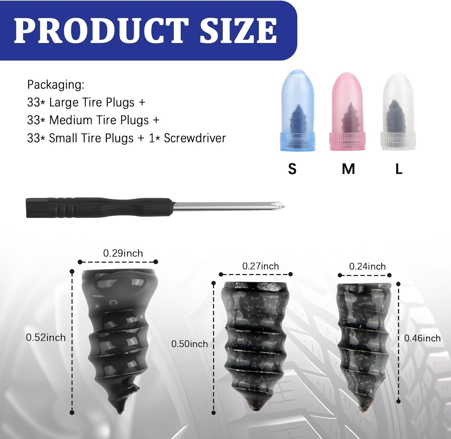 100PCS Tire Repair Screws Kit With Screwdriver 3 Sizes Rubber Plugs Flat Tires