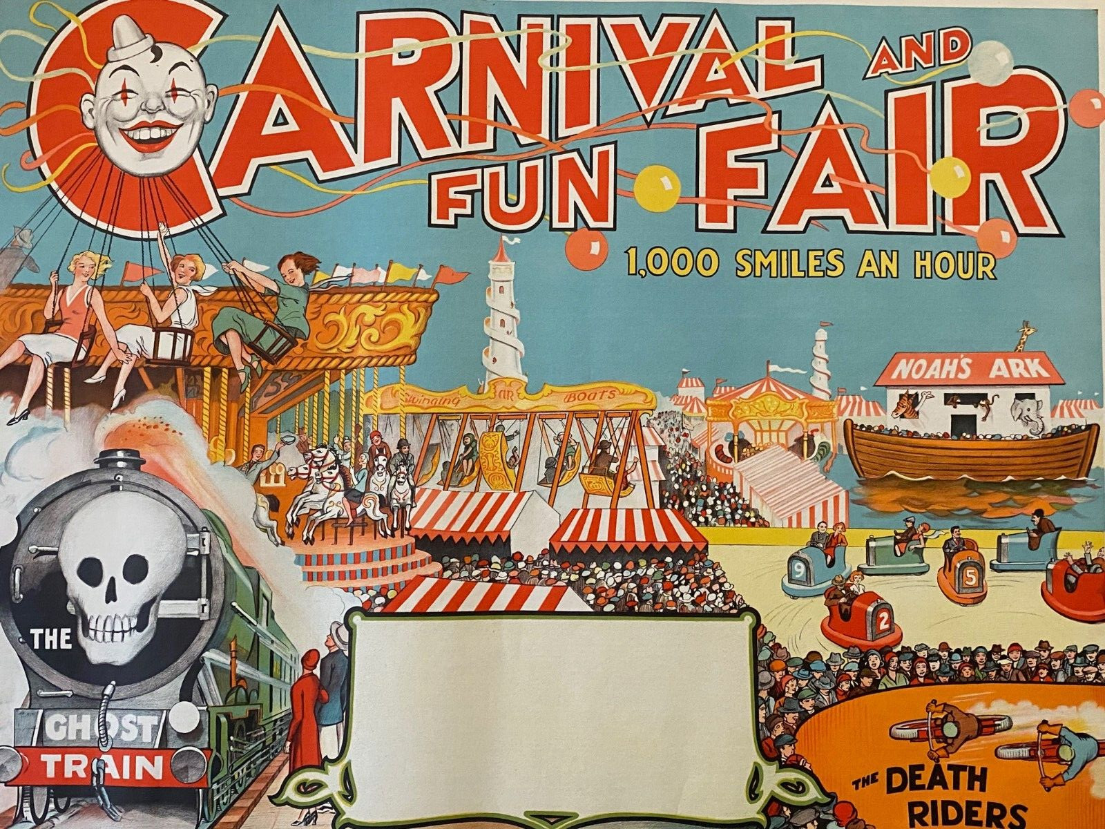 Antique/VTG 30's Carnival Fun Fair Poster, Motorcycle Death Riders, Ghost Train