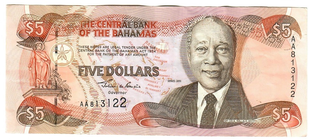 Bahamas 5 Dollars 2001 VF "Francis" AA Prefix