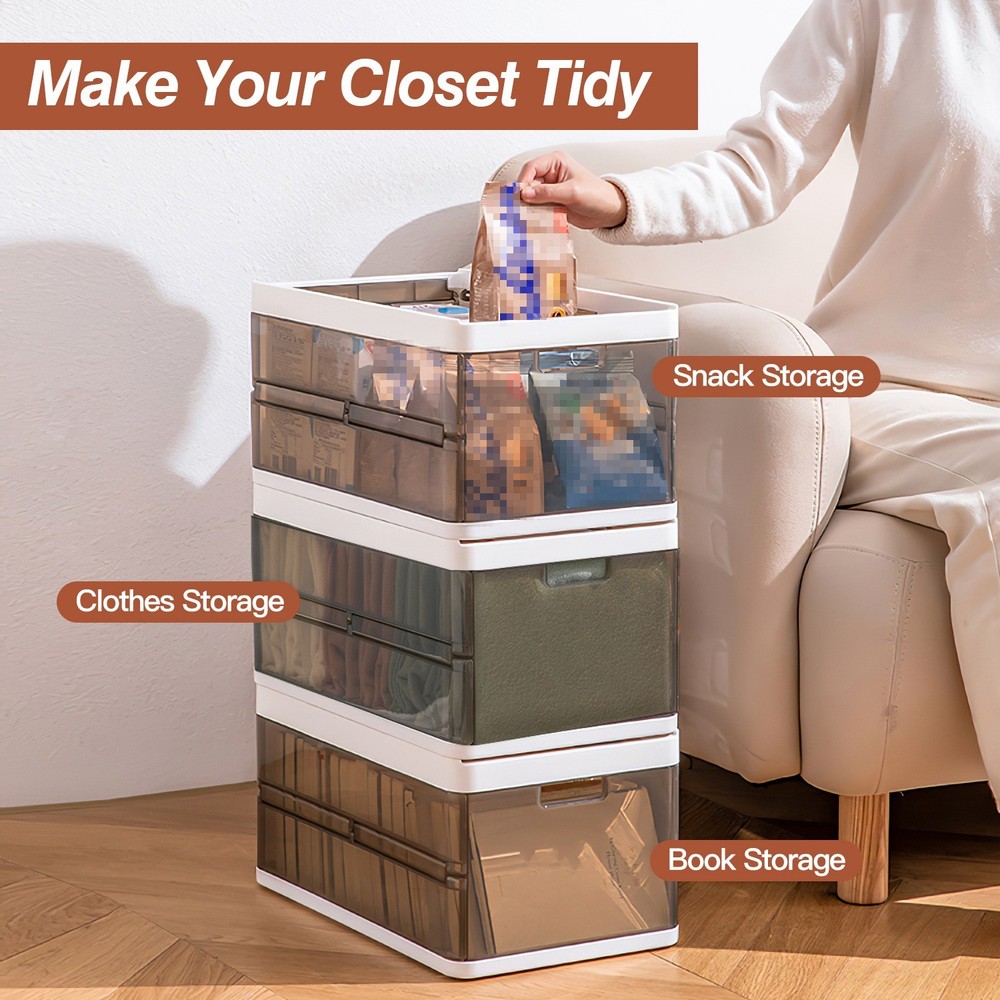 3 Pack Foldable Storage Bins with Lids Stackable Closet Organizer Plastic