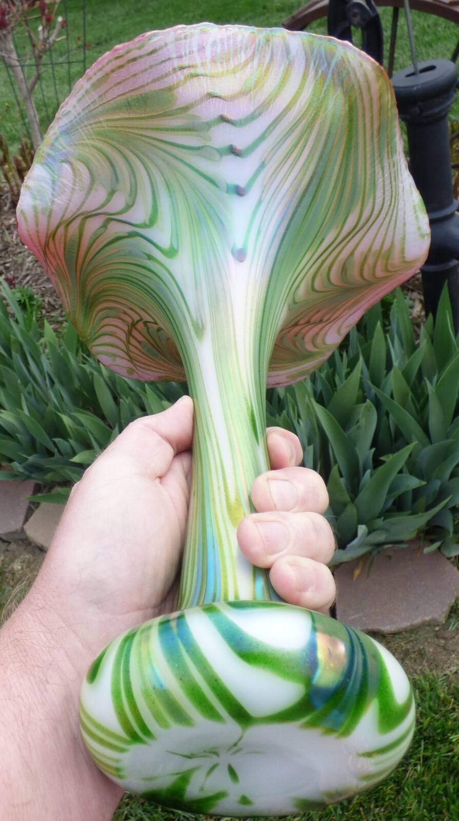 Charles Lotton Aventurine Art Glass Vase 2009 White/Green Pulled Feather 12 1/4"