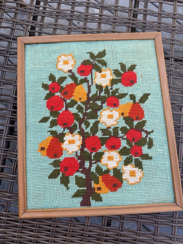 Vintage Framed Needlepoint fruit tree 8x10