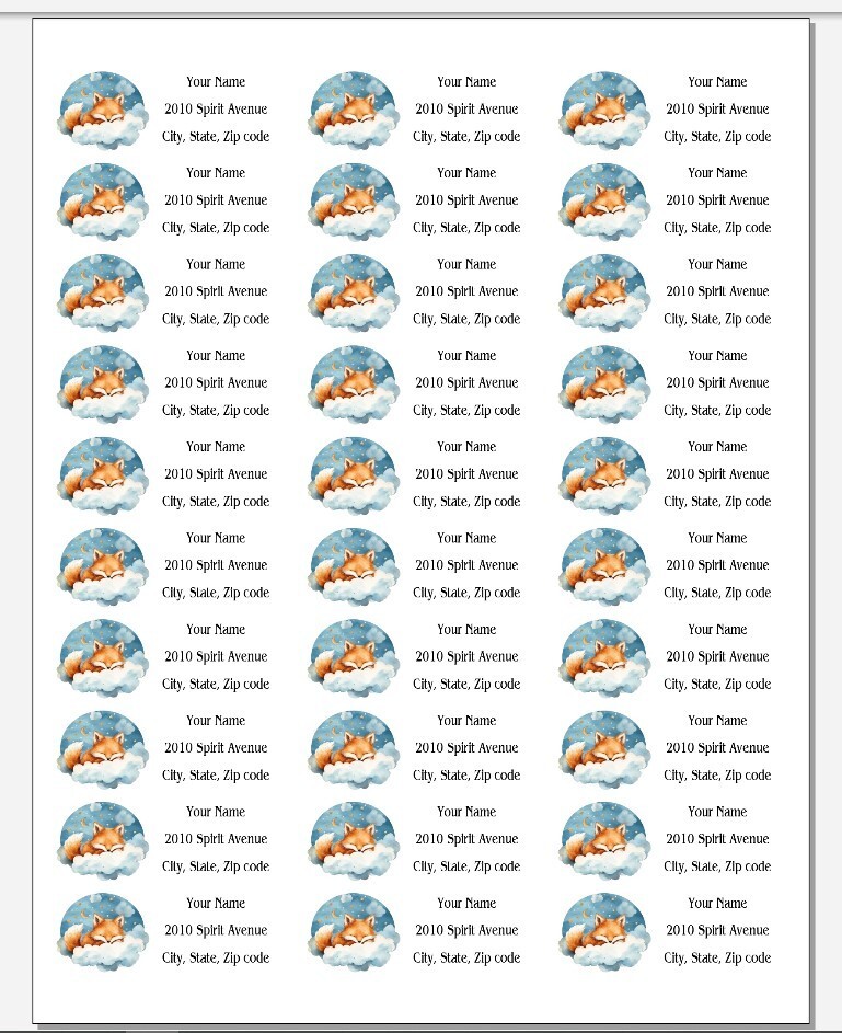 150 Baby Fox Sleeping in Clouds Mailing Return Address Labels Personalized
