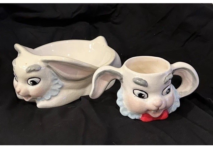 Vintage Easter Bunny Rabbit Bowl & Mug Candy Dish Decorative Glazed Ceramic EUC