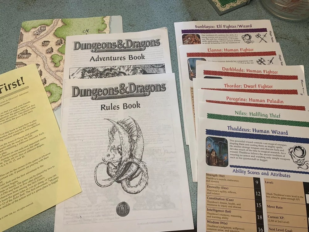 Dungeons &Dragons RARE Adventures & RULES Book 1999 Character SHEETS & Map