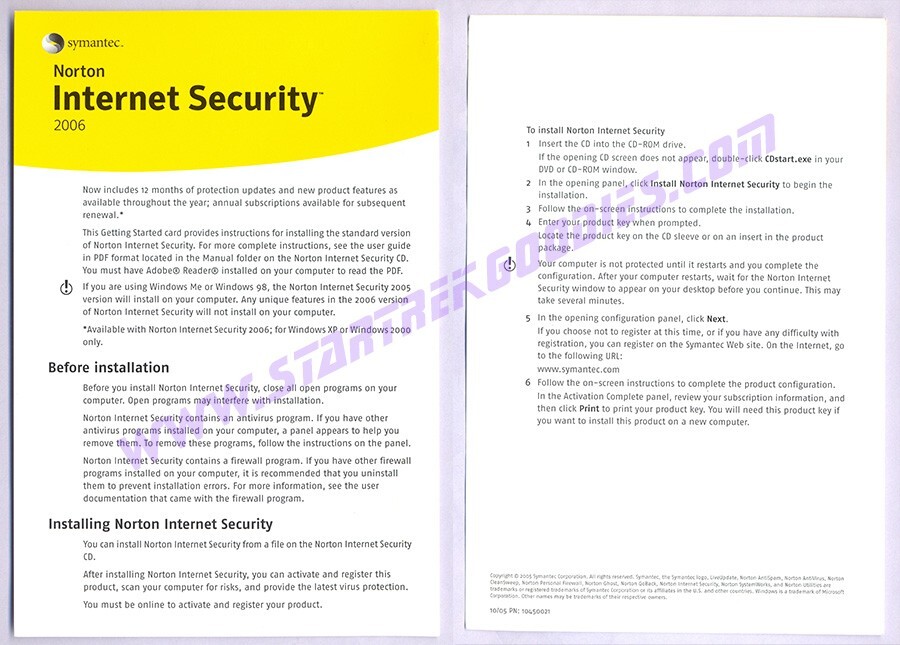 Symantic NORTON INTERNET SECURITY 2006 Basic Ed. w/CD, User Guide & Product Key!
