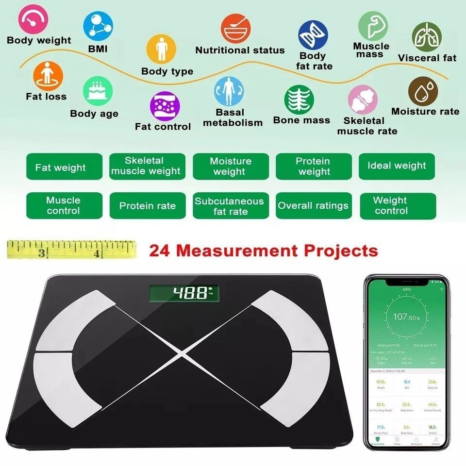 Bathroom Digital Body Weight Scale Body Composition Analyzer BMI iOS Android App