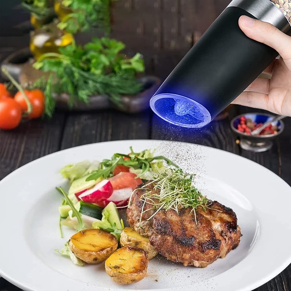 1x Gravity Electric Salt & Pepper Grinder Set Automatic Adjustable with Blue LED