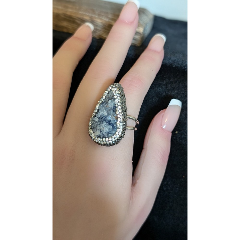 Druzy Marcasite Cubic Zirconia Sterling Split Shank Adjustable Statement Ring
