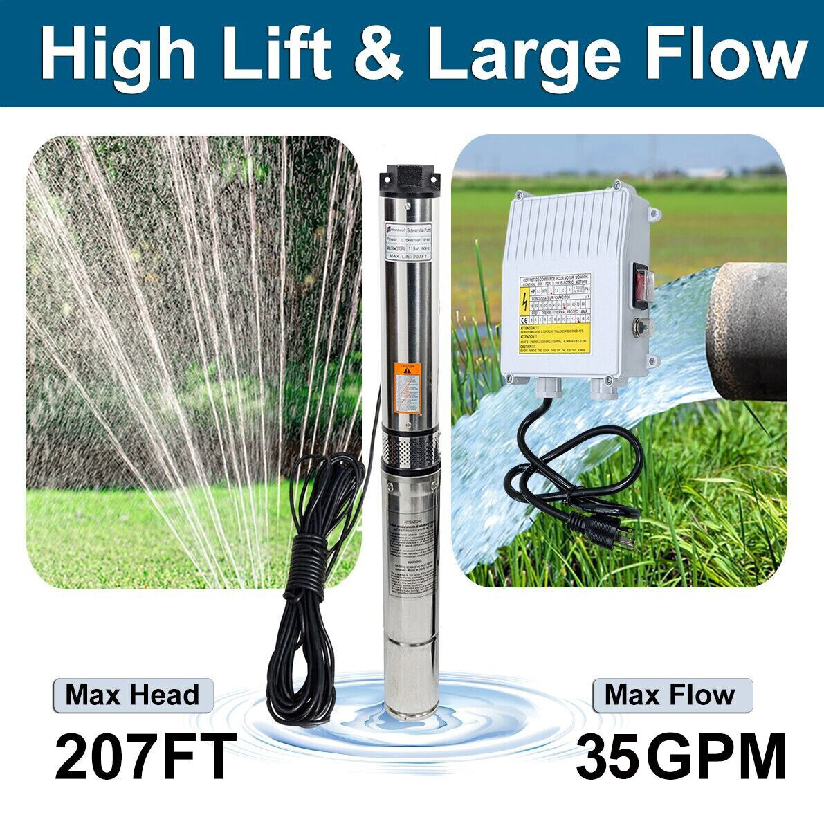 4" Deep Well Submersible Pump 1HP 110V 35GPM 207ft Max 100ft Cord w/Control box