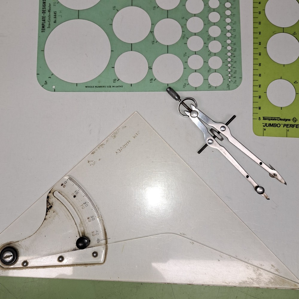 Drafting Tools Lot Adjustable Triangle Compass Templates Pencils engineer-VTG