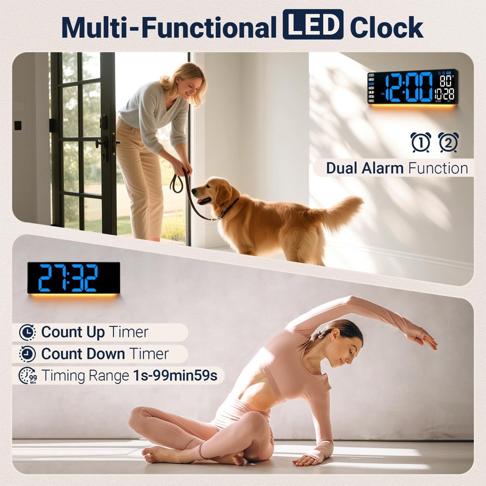 16.5" Large Digital Wall Clock with Remote Control, Auto-Dimming Display with...
