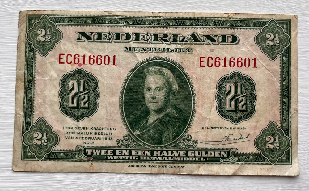 1943 Netherlands 2 1/2 Gulden banknote
