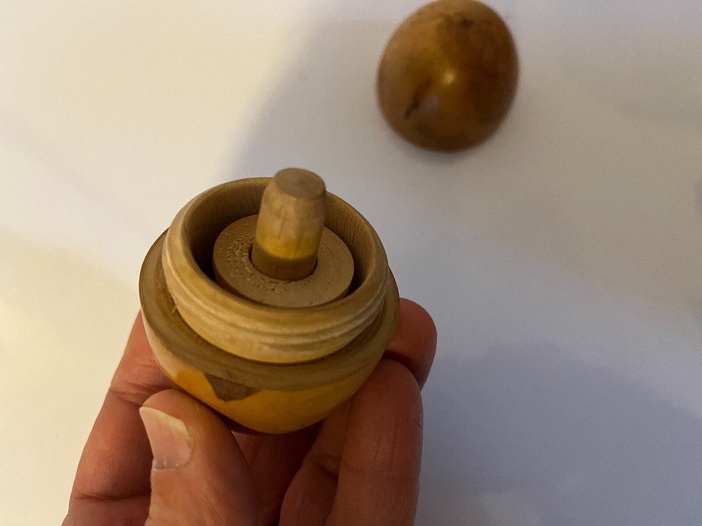 Antique 19th c. Wooden Treen Egg Opens to Needle Case with Thread Spool