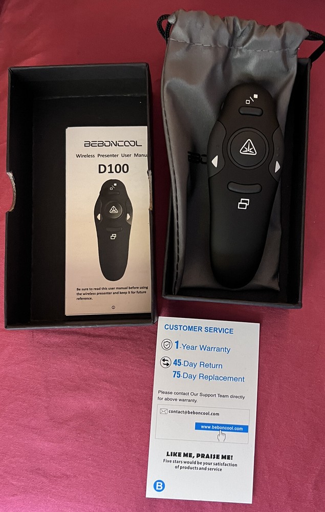 Beboncool Wireless Presenter Model D100, 2.4 GHz With Laser Pointer 39’ FT Range