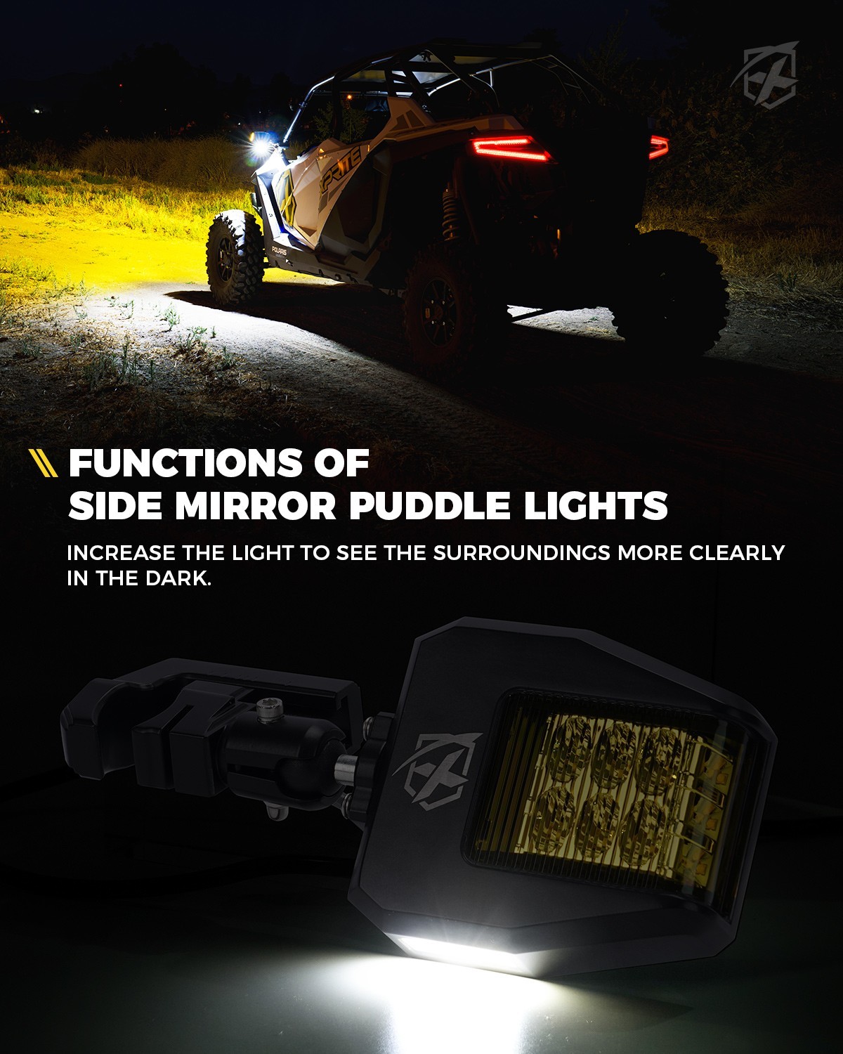 UTV Rear View Side Mirrors W/ Yellow Spot Puddle Lights for 1.75"-2" Roll Cage