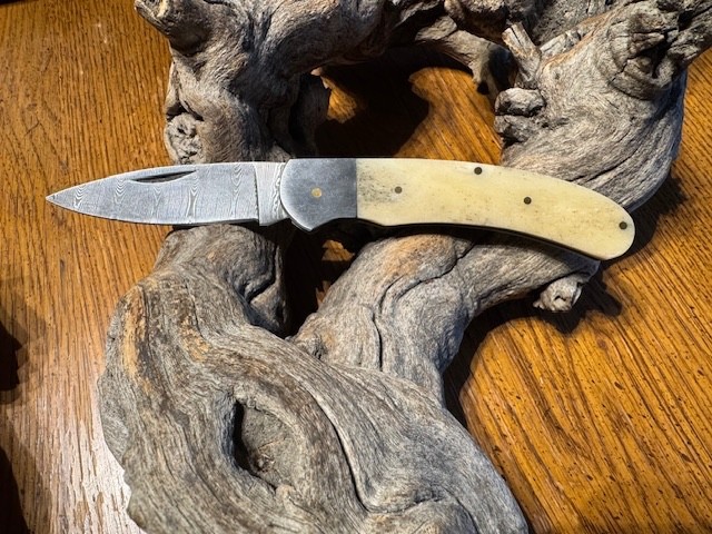 Big Damascus folding blade knife w/ white bone  handle