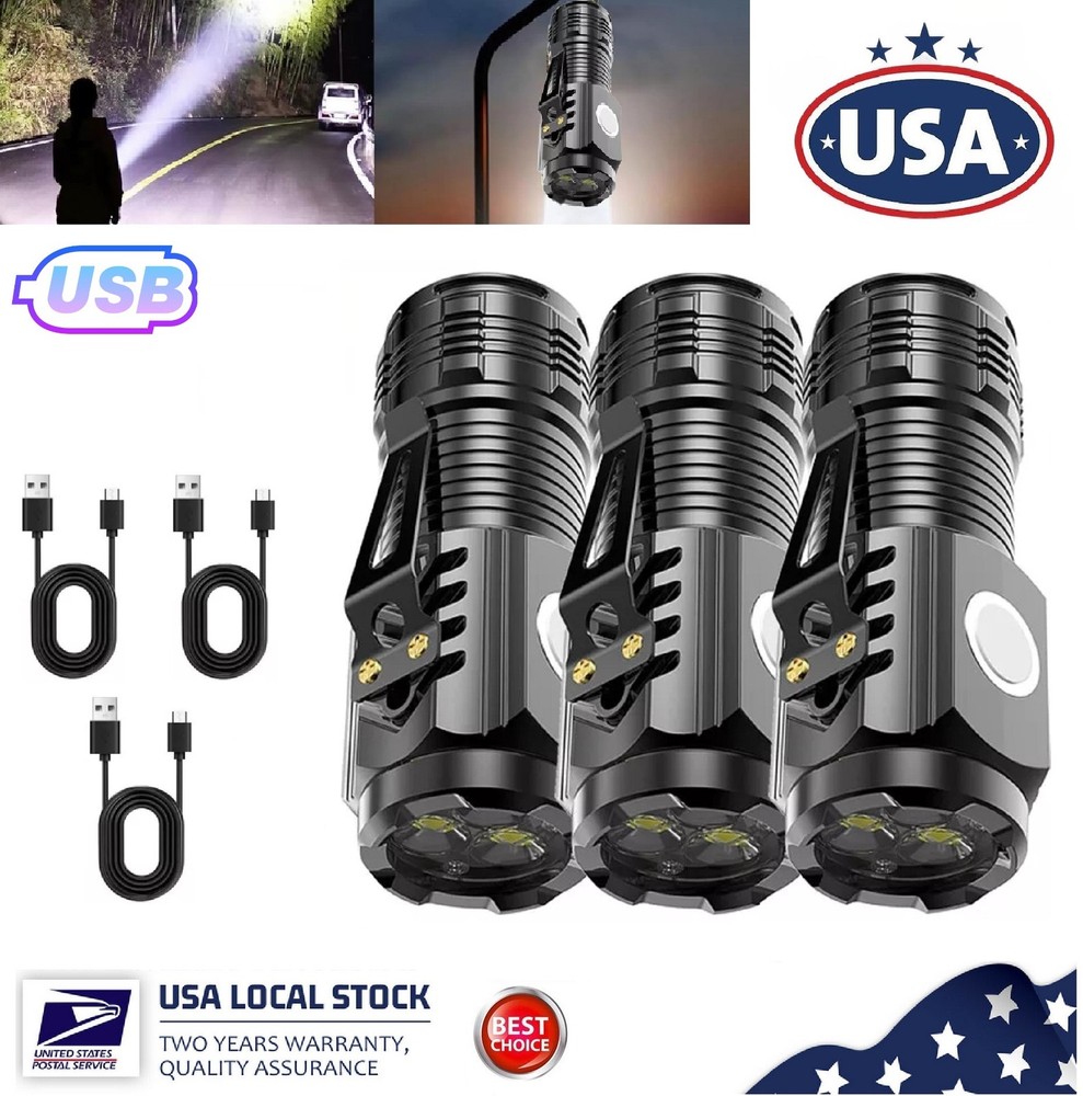 3× USB Rechargeable Super Bright LED Mini Tactical Flashlight 5 Modes Light USA